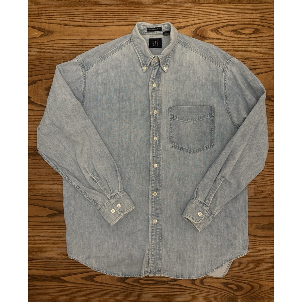 Vintage 90d Gap Men's Small 10% Cotton Indigo Blue Denim Long Sleeve Shirt - Picture 2 of 6